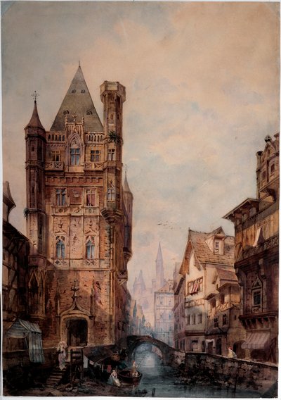 Uitzicht op een kanaal in een Normandische stad Aquarel door Antonio Bernasconi (19e eeuw) door Antonio Bernasconi