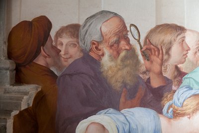 Omstanders, fresco door Antonio Busca, 20e Kapel, Sint Franciscus gecanoniseerd door Paus Gregorius IX, Heilige Berg van Orta, Orta San Giulio, Piëmont, Italië door Antonio Busca