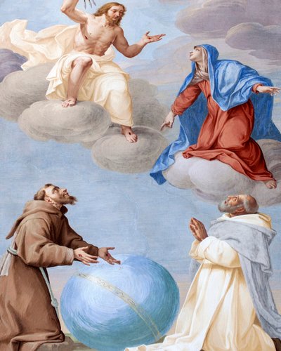 Sint Franciscus, Sint Damianus en Maria die voor de mensheid bemiddelen en de goddelijke gerechtigheid overtuigen zijn pijlen niet op de wereld af te vuren, fresco door Antonio Busca (1625-1684), 20e kapel, Sint Franciscus heilig verklaard door paus Gregor door Antonio Busca