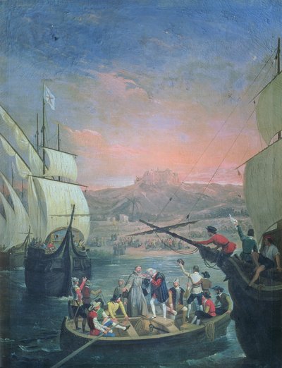 Vertrek van de Santa Maria, de Pinta en de Nina uit Palos in 1492 door Antonio Cabral Bejarano