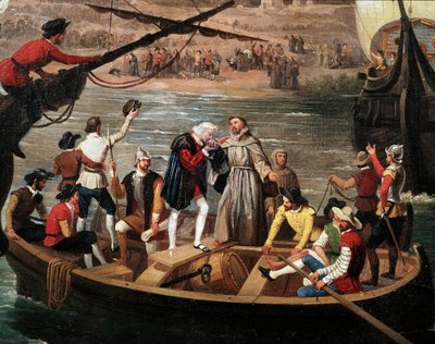 Vertrek van de Santa Maria, de Pinta en de Nina uit Palos in 1492 door Antonio Cabral Bejarano