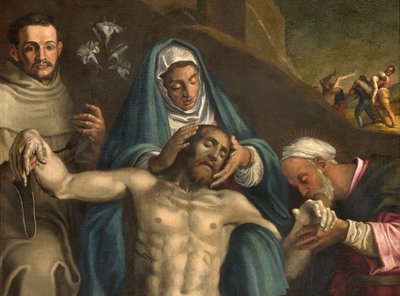 Noord Transept, Altaar van de Deposition, Deposition van Christus ondersteund door de Maagd en de Heiligen Raymond en Anthony van Padua, Antonio Campi 1566, Detail altaarstuk door Antonio Campi