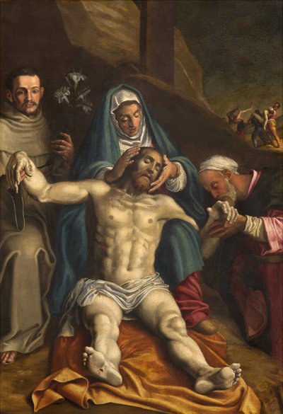 Noord Transept, Altaar van de Afzetting, Afzetting van Christus ondersteund door de Maagd en Heiligen Raymond en Antonius van Padua, Antonio Campi 1566, Altaarstuk door Antonio Campi