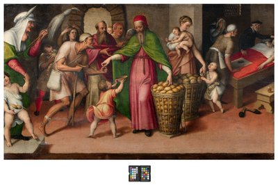 Sacristie, Antonio Campi, Liefdadigheid van San Facio 1568, Originele tafel van de reproductie op het altaar van San Facio door Antonio Campi