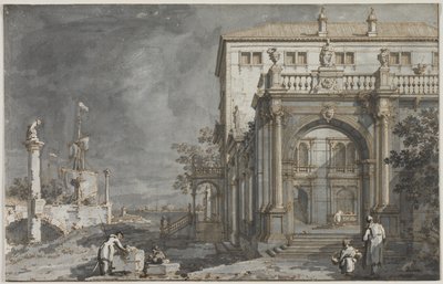 Capriccio: Een paleis met een binnenplaats aan de lagune door Antonio Canaletto