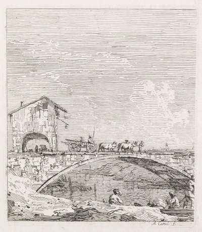 Uitzichten: Een Wagen die over een Brug Gaat door Antonio Canaletto