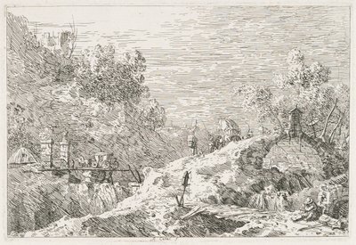 Uitzichten: Berglandschap met vijf bruggen, 1735-1746 door Giovanni Antonio Canal