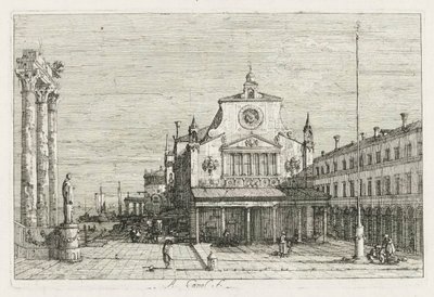 Zichten: Drie zuilen en een standbeeld aan de kust, 1735-1746 door Giovanni Antonio Canal