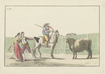 Plaat II, uit de serie Colección de las principales suertes de una corrida de toros (Collectie van de Belangrijkste Acties in een Stierengevecht) door Antonio Carnicero