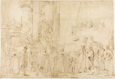 Sint Paulus doopt Dionysus de Areopagiet (recto); Schetsen van baby, handen (verso) door Antonio Carracci