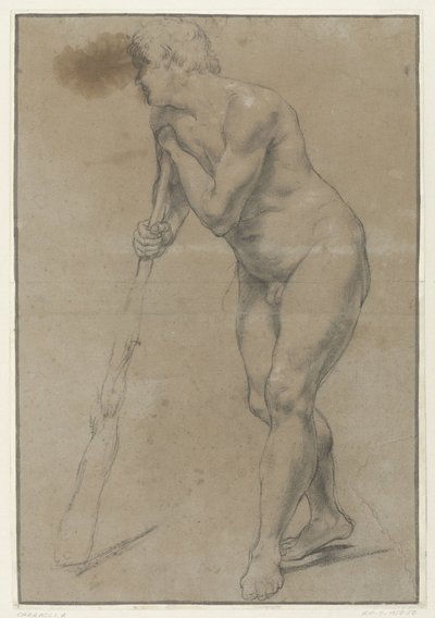 Studie van een naakte man die op een knots leunt door Antonio Carracci