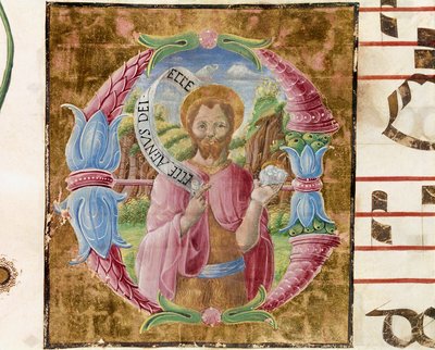 Sint Johannes de Doper. Detail van een antiphonarium. 1483. Cremona, choral 4, capitolo del duomo door Antonio Cicognara