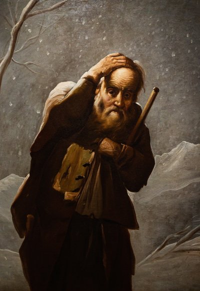 Oude man in de sneeuw door Antonio Cifrondi