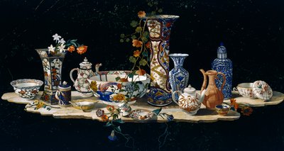 Tafelblad met porseleinen vazen door Antonio Cioci or Ciocchi