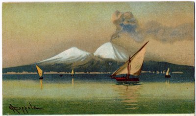 Geografie. Vulkaan Vesuvius en de Baai van Napels. Illustratie door A. Coppola, Italië, ca. 1920 door Antonio Coppola
