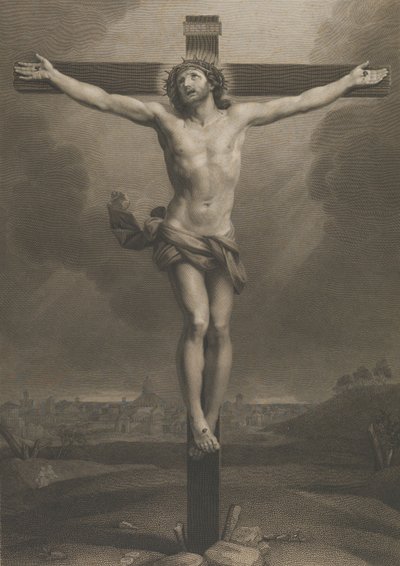 Christus aan het kruis, een stad op de achtergrond, naar Reni door Antonio Dalco