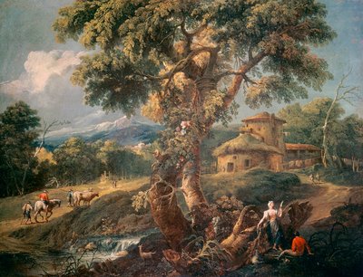 Berglandschap met mensen en een rivier, door Antonio Diziani (1738-1797) door Antonio Diziani