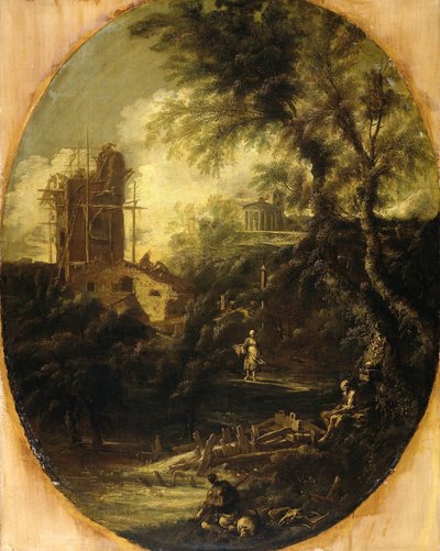 Landschap met kluizenaar, pelgrim en boerin door Antonio Francesco Peruzzini (attributed to)