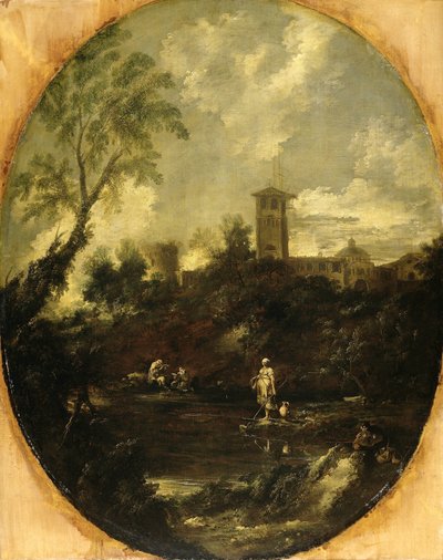 Landschap met monniken, pelgrim en boerin door Antonio Francesco Peruzzini (attributed to)