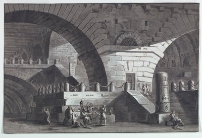 Toneelontwerp, gevangenisinterieur met de dood van Socrates door Antonio Giuseppe Basoli