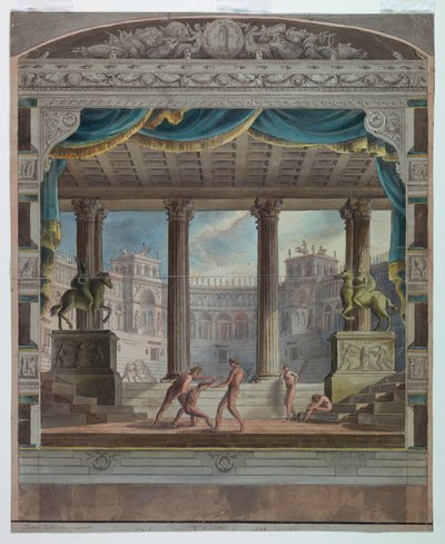 Theatergordijn: Uitzicht op een Klassiek Amfitheater, Marsigli-Rossi Theater, Bologna door Antonio Giuseppe Basoli