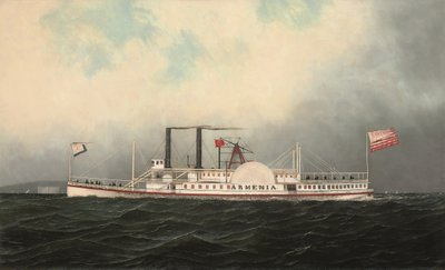 De Hudson River Day Line stoomboot Armenia passeert Fort Lafayette, New York Harbor door Antonio Jacobsen
