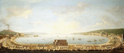 Een panoramisch uitzicht op de baai van Napels, met de koninklijke processie naar Piedigrotta door Antonio Joli