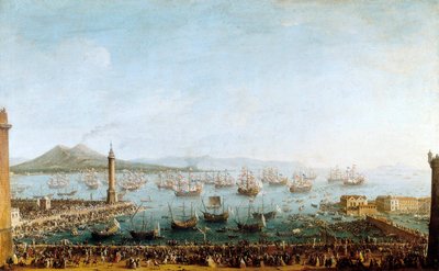 Vertrek van Karel van Bourbon naar Spanje, gezien vanaf de haven door Antonio Joli