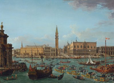 Processie van gondels in het Bacino di San Marco, Venetië, 1742 of later door Antonio Joli