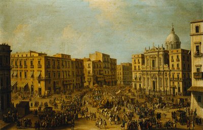 Het Largo San Ferdinando, Napels, tijdens carnaval met de koninklijke koets die het Palazzo Reale nadert door Antonio Joli