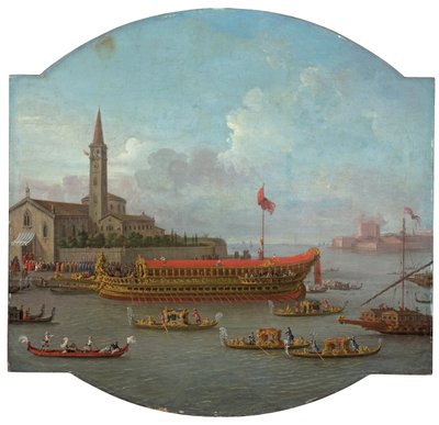 Uitzicht op de Bucintoro voor anker voor San Nicolo al Lido, Venetië, voor de ceremonie van de Sposalizio del Mare door Antonio Joli
