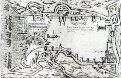 Kaart die La Rochelle bezet door de Hugenoten illustreert door Antonio Lafreri