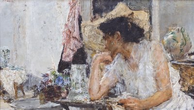 Vrouw bij het toilet door Antonio Mancini