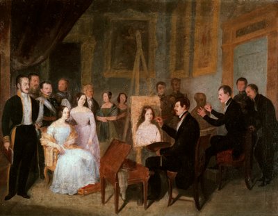 Dodge in haar atelier schildert het portret van koningin Isabella II van Spanje (1830-1904). Schilderij door Antonio Maria ESQUIVEL Y SUAREZ DE URBINA (1806-1857) door Antonio María Esquivel y Suárez de Urbina