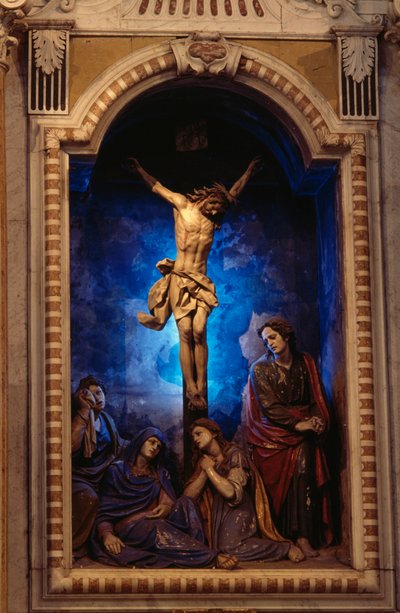 Kruisiging, door Anton Maria Maragliano (1664-1739), Kruiskapel, Heiligdom van Onze-Lieve-Vrouw van Acquasanta, Acquasanta, Genua, Ligurië, Italië door Antonio Maria Maragliano