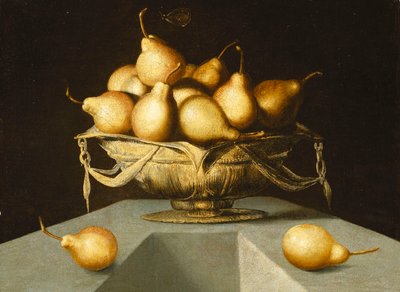 Peren in een kom op een stenen sokkel door Antonio Mohedano
