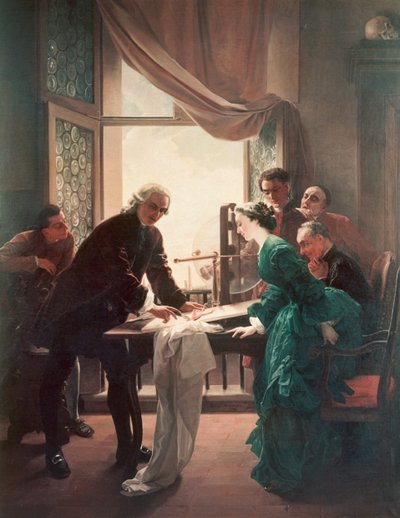 Luigi Galvani (1737-1798) doet experimenten op kikkers, bijgestaan door zijn vrouw Lucia Galeazzi door Antonio Muzzi
