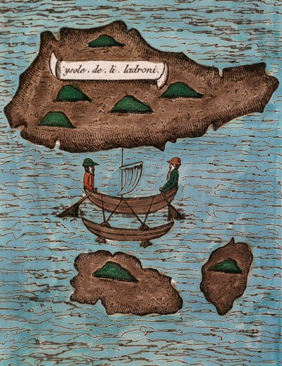 Islas de los Ladrones (vandaag Marianen), gekleurde houtsnede uit Relazione del primo viaggio intorno al mondo con Ferdinando Magellano door Antonio Pigafetta