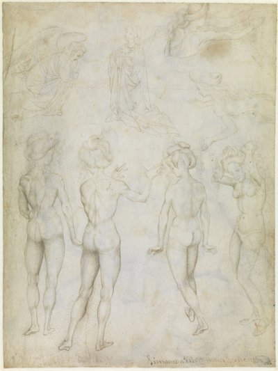 Vier studies van een vrouwelijke naakt, een annunciatie en twee studies van een vrouw die zwemt door Antonio Pisanello