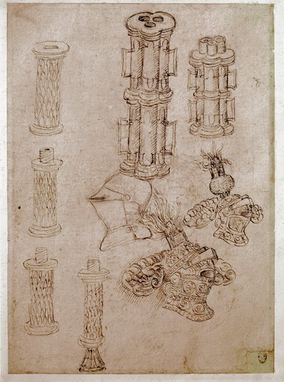 Drie helmen met kammen en twee stukken kanonnen. Tekening door Antonio di Puccio Pisano, genaamd Pisanello door Antonio Pisanello