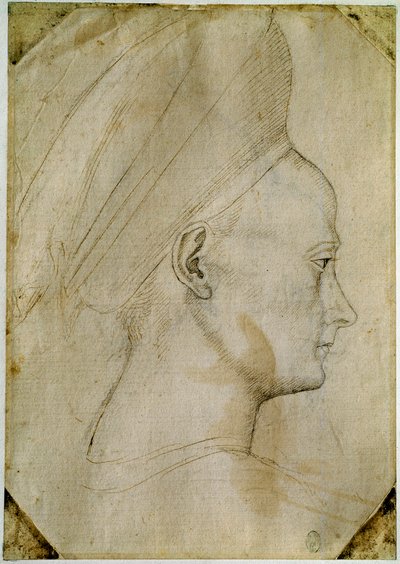 Hoofd van een jonge vrouw, in profiel naar rechts. Tekening uit het atelier van Antonio di Puccio Pisano, genaamd Pisanello door Antonio Pisanello