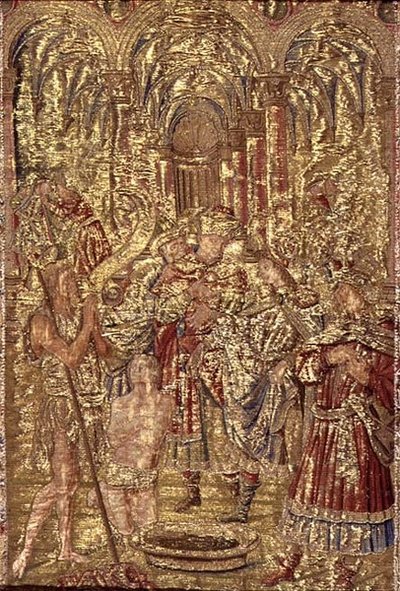 St. Johannes de Doper kondigt de missie van Christus aan de farizeeën aan, wandtapijt met scènes uit het leven van de heilige door Antonio Pollaiuolo