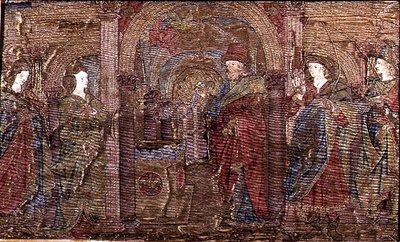De Aankondiging aan Zacharias, wandtapijt met scènes uit het leven van St. Johannes de Doper door Antonio Pollaiuolo