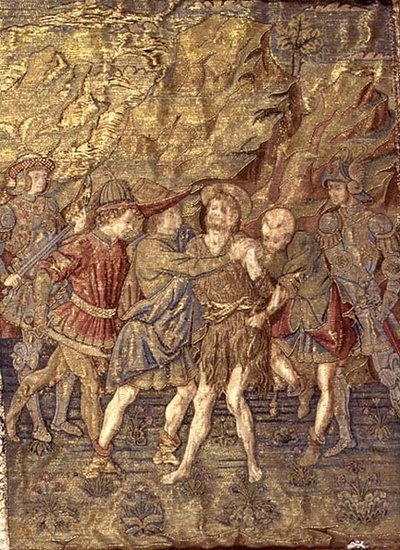 De arrestatie van St. Johannes de Doper, wandtapijt met scènes uit het leven van de heilige door Antonio Pollaiuolo