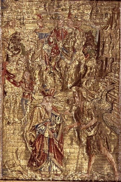De Ontmoeting Tussen St. Johannes de Doper en de Hogepriester, wandtapijt met scènes uit het leven van de heilige door Antonio Pollaiuolo