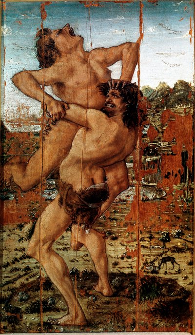 De twaalf werken van Hercules: Herakles tilt de reus Antaeus op door Antonio Pollaiuolo