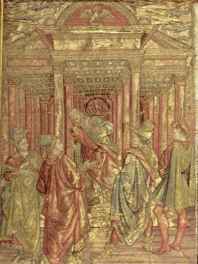 Zacharias Verlaat de Tempel, wandtapijt met scènes uit het leven van St. Johannes de Doper door Antonio Pollaiuolo
