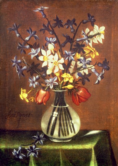 Stilleven van bloemen waaronder hyacint, tulpen en fazantenoog door Antonio Ponce