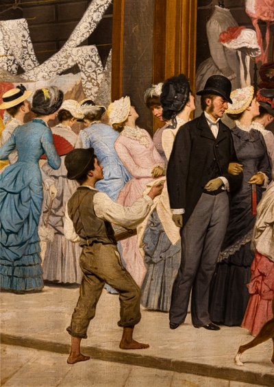 Het Tijdperk, detail van vrouwen die naar een etalage kijken en een jongen door Antonio Puccinelli