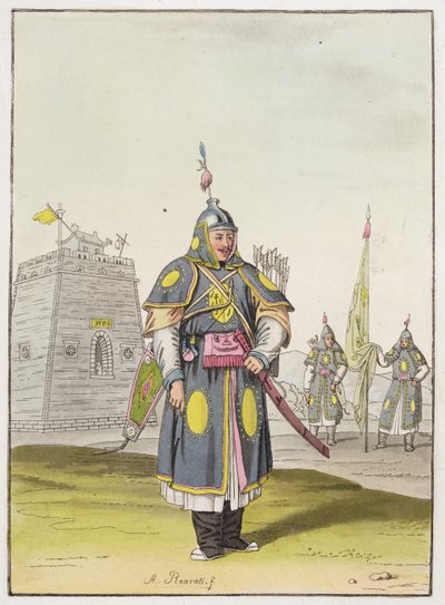 Chinese soldaat in volledige gevechtsuitrusting, illustratie uit 